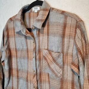 Texas True Threads Womens S/M Brown Grey Plaid 100% Cotton Flannel Shirt